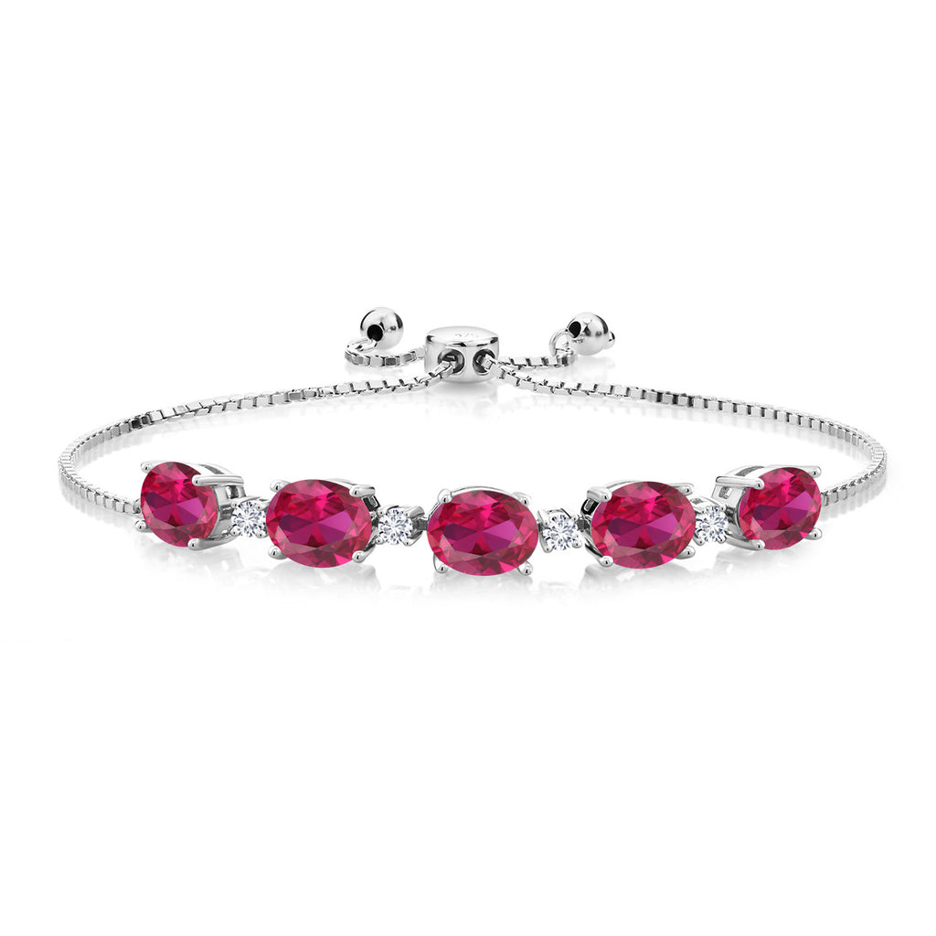 Gem Stone King 925 Sterling Silver Gemstone Birthstone and White Lab Grown Diamond Tennis Bracelet for Women | Oval 8X6MM with Round 2.5MM Accents | Adjustable Bolo Chain | Fine Jewelry for Her Mom Wife