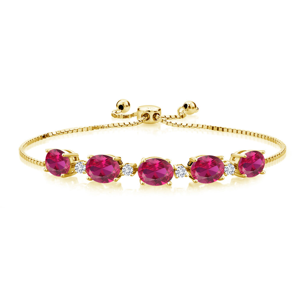 Gem Stone King 18K Yellow Gold Plated Silver Gemstone Birthstone and White Lab Grown Diamond Tennis Bracelet for Women | Oval 8X6MM with Round 2.5MM Accents | Adjustable Bolo Chain | Fine Jewelry for Her Mom Wife