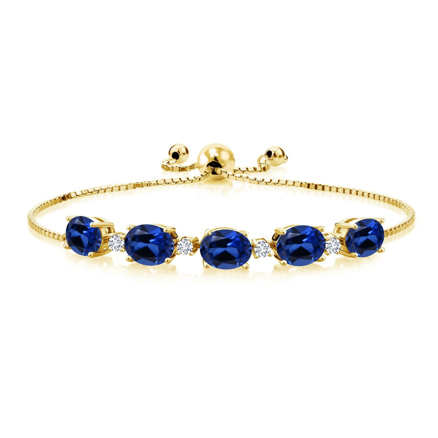 18K Yellow Gold Plated Silver Blue Created Sapphire and White Lab Grown Diamond Tennis Bracelet For Women (8.26 Cttw, Fully Adjustable Up to 9 Inch)