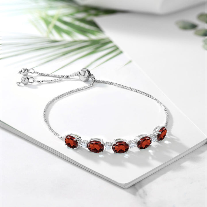 925 Sterling Silver Red Garnet and White Created Sapphire Tennis Bracelet For Women (7.70 Cttw, Oval 8X6MM, Gemstone Birthstone, Fully Adjustable Up to 9 Inch))