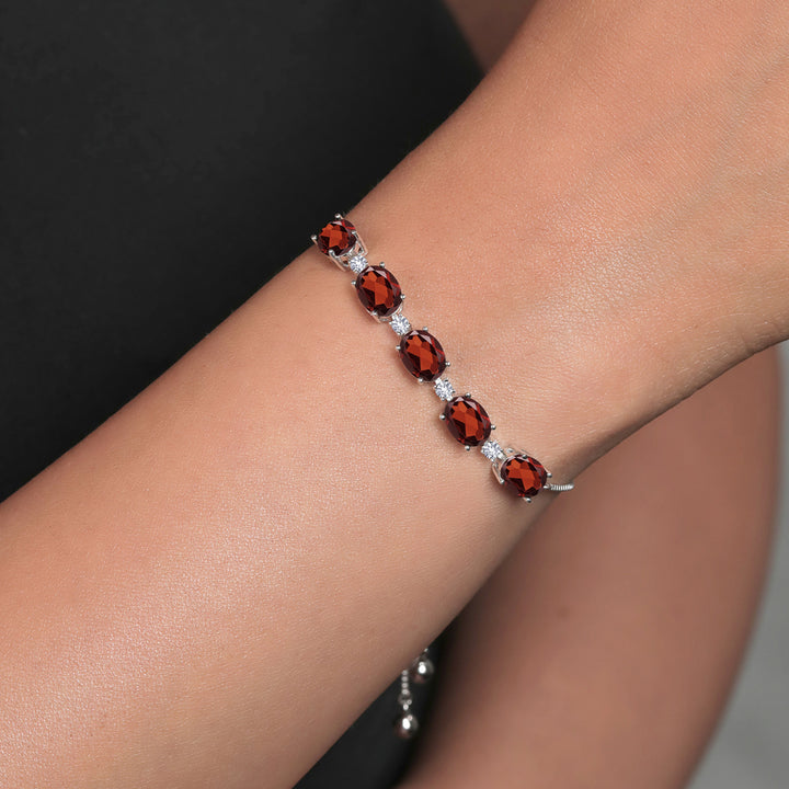 925 Sterling Silver Red Garnet and White Created Sapphire Tennis Bracelet For Women (7.70 Cttw, Oval 8X6MM, Gemstone Birthstone, Fully Adjustable Up to 9 Inch))