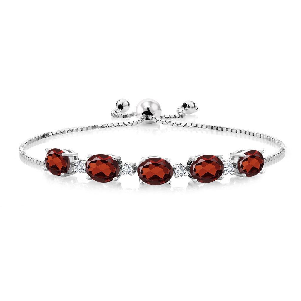 Gem Stone King 925 Sterling Silver Gemstone Birthstone and White Lab Grown Diamond Tennis Bracelet for Women | Oval 8X6MM with Round 2.5MM Accents | Adjustable Bolo Chain | Fine Jewelry for Her Mom Wife
