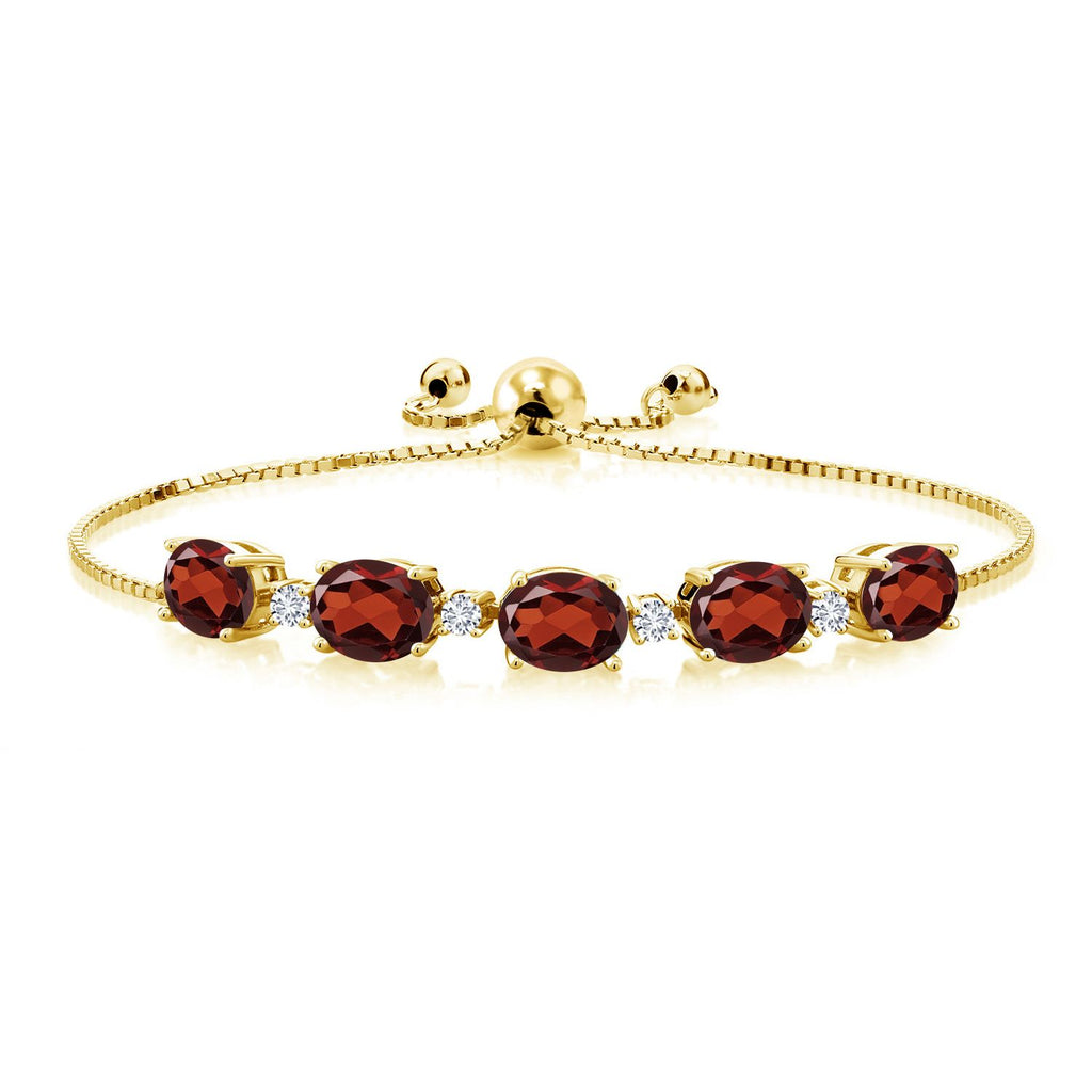 Gem Stone King 18K Yellow Gold Plated Silver Gemstone Birthstone and White Lab Grown Diamond Tennis Bracelet for Women | Oval 8X6MM with Round 2.5MM Accents | Adjustable Bolo Chain | Fine Jewelry for Her Mom Wife