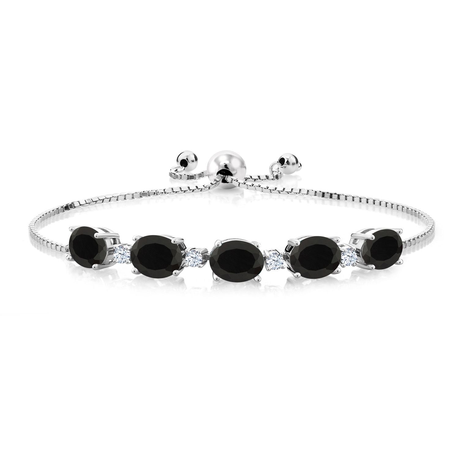 925 Sterling Silver Black Onyx and White Created Sapphire Tennis Bracelet For Women (8.20 Cttw, Gemstone Birthstone, Oval 8X6MM)