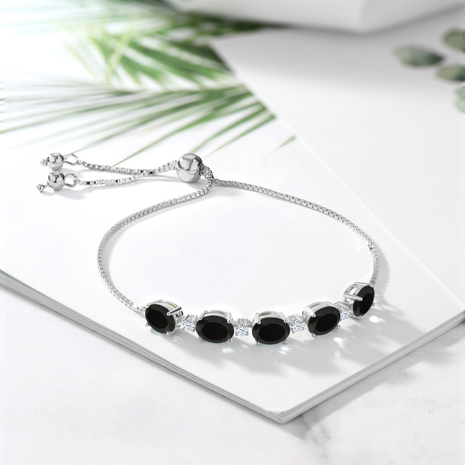 925 Sterling Silver Black Onyx and White Created Sapphire Tennis Bracelet For Women (8.20 Cttw, Gemstone Birthstone, Oval 8X6MM)