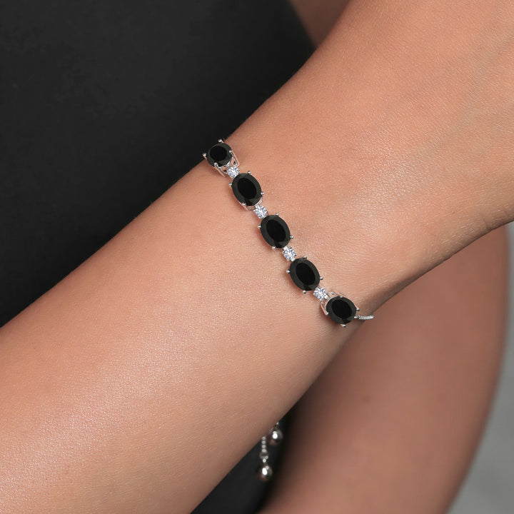 925 Sterling Silver Black Onyx and White Created Sapphire Tennis Bracelet For Women (8.20 Cttw, Gemstone Birthstone, Oval 8X6MM)