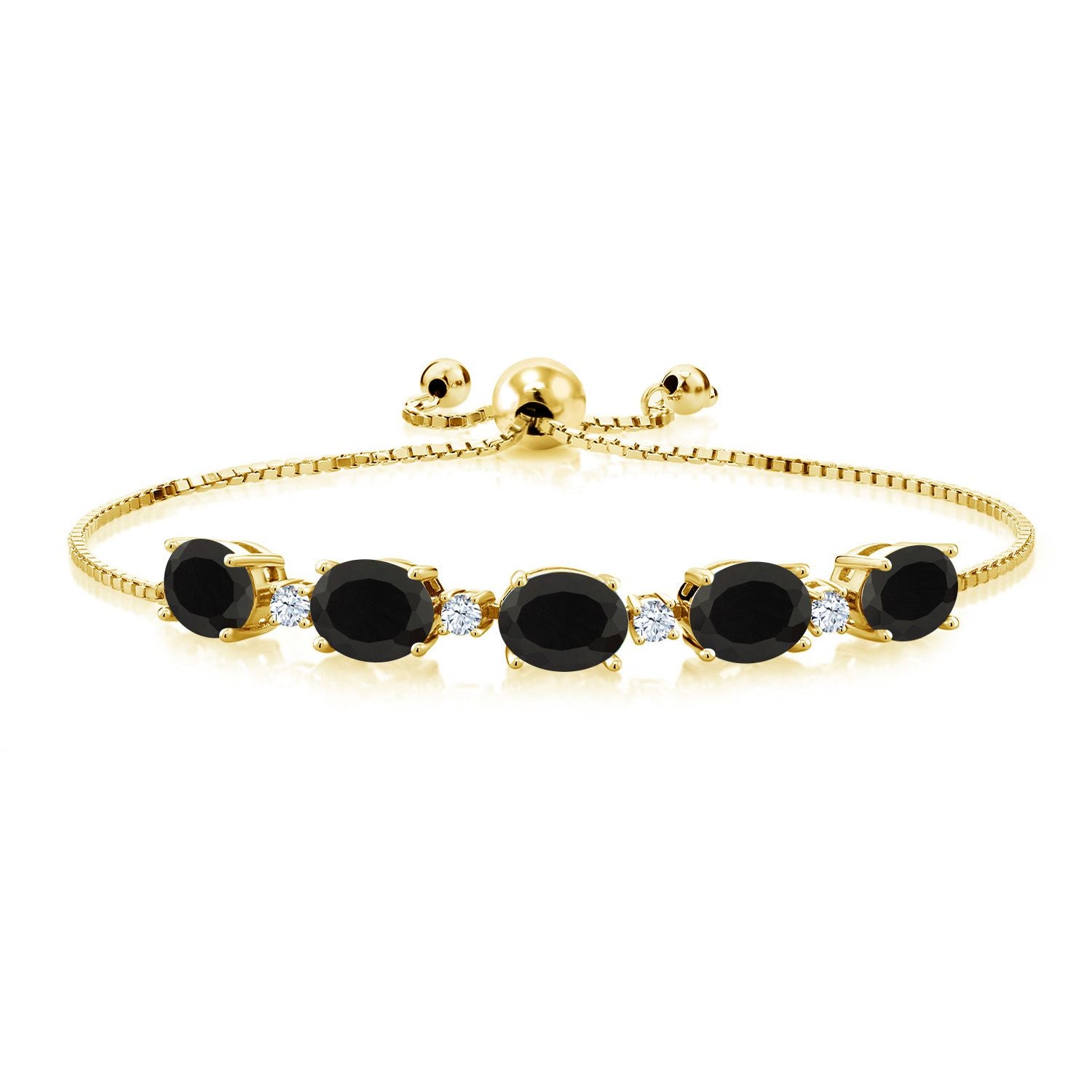 18K Yellow Gold Plated Silver Black Onyx and White Created Sapphire Tennis Bracelet For Women (8.20 Cttw, Gemstone Birthstone, Fully Adjustable Up to 9 Inch)