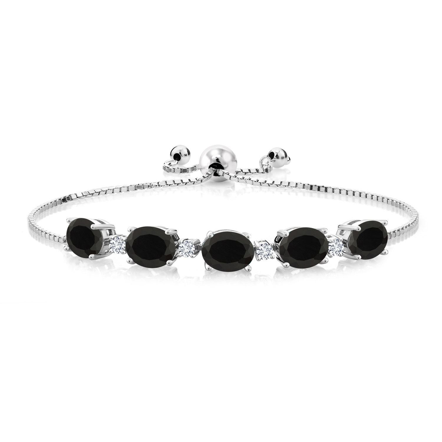 925 Sterling Silver Black Onyx and White Lab Grown Diamond Tennis Bracelet For Women (8.26 Cttw, Gemstone Birthstone, Oval 8X6MM, Fully Adjustable Up to 9 Inch)