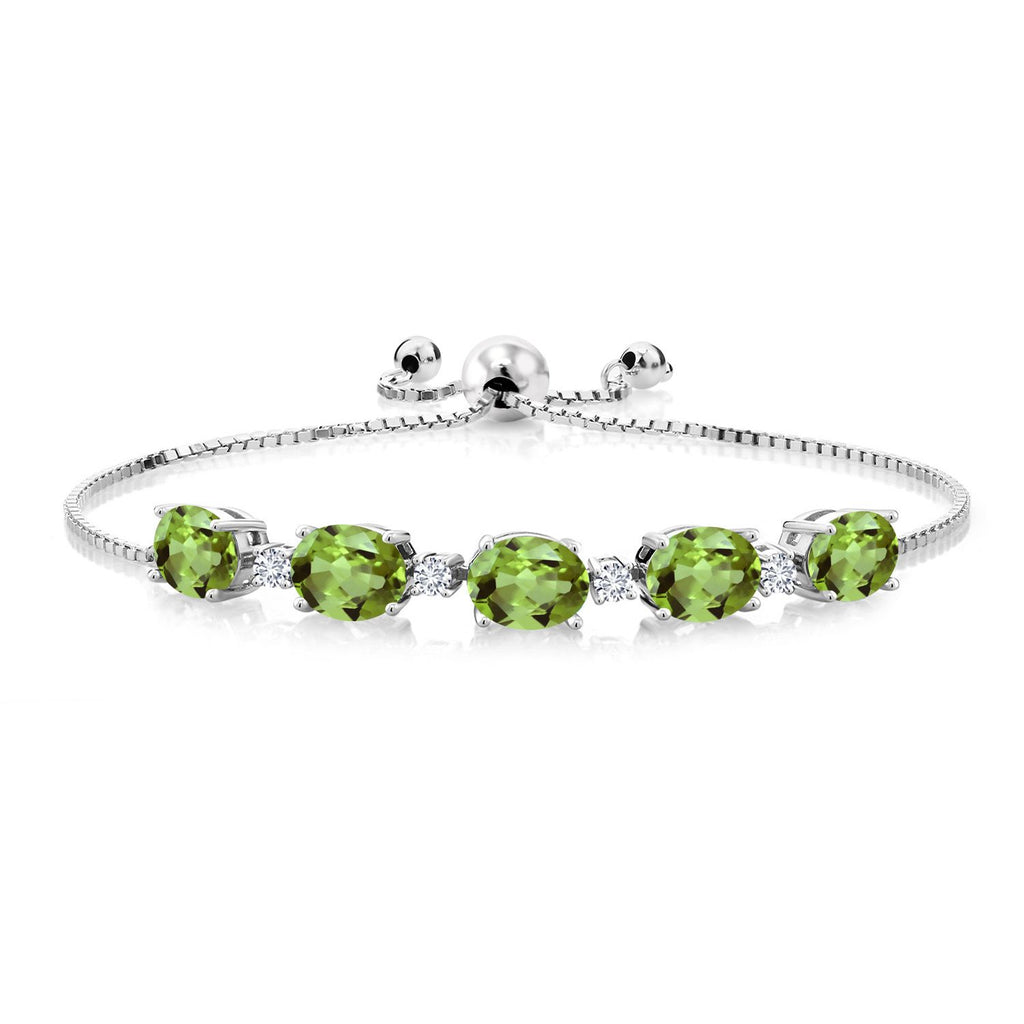 Gem Stone King 925 Sterling Silver Gemstone Birthstone and White Lab Grown Diamond Tennis Bracelet for Women | Oval 8X6MM with Round 2.5MM Accents | Adjustable Bolo Chain | Fine Jewelry for Her Mom Wife