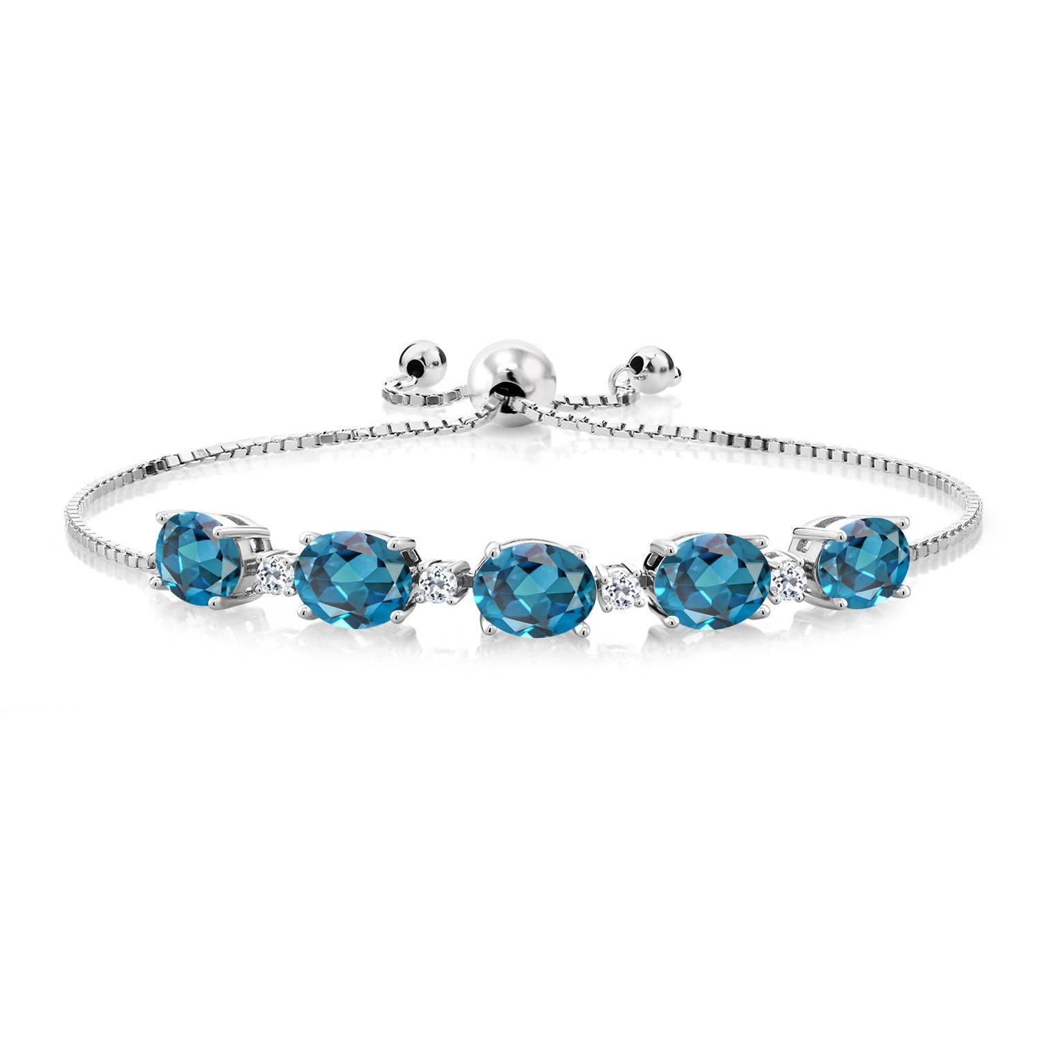 7.84 Cttw Oval London Blue Topaz and Round White Topaz Tennis Bracelet For Women In 925 Sterling Silver | Oval 8X6MM and Round 2.5MM | Fully Adjustable Up to 9 Inch