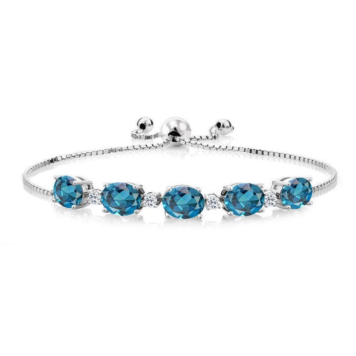 7.84 Cttw Oval London Blue Topaz and Round White Topaz Tennis Bracelet For Women In 925 Sterling Silver | Oval 8X6MM and Round 2.5MM | Fully Adjustable Up to 9 Inch