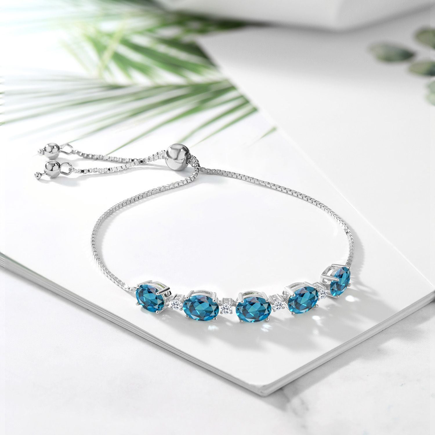 7.84 Cttw Oval London Blue Topaz and Round White Topaz Tennis Bracelet For Women In 925 Sterling Silver | Oval 8X6MM and Round 2.5MM | Fully Adjustable Up to 9 Inch