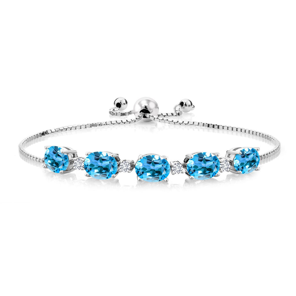 Gem Stone King 925 Sterling Silver Gemstone Birthstone and White Lab Grown Diamond Tennis Bracelet for Women | Oval 8X6MM with Round 2.5MM Accents | Adjustable Bolo Chain | Fine Jewelry for Her Mom Wife