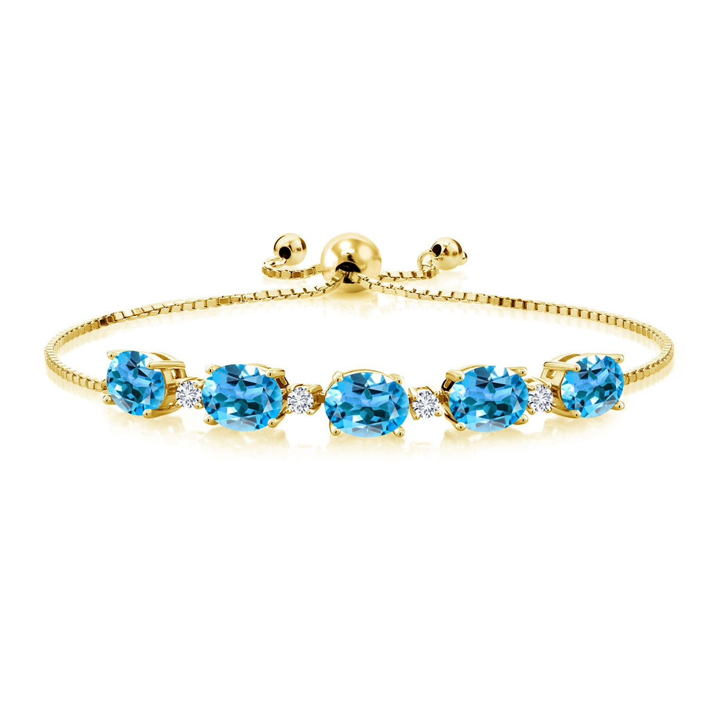 Gem Stone King 18K Yellow Gold Plated Silver Gemstone Birthstone and White Lab Grown Diamond Tennis Bracelet for Women | Oval 8X6MM with Round 2.5MM Accents | Adjustable Bolo Chain | Fine Jewelry for Her Mom Wife