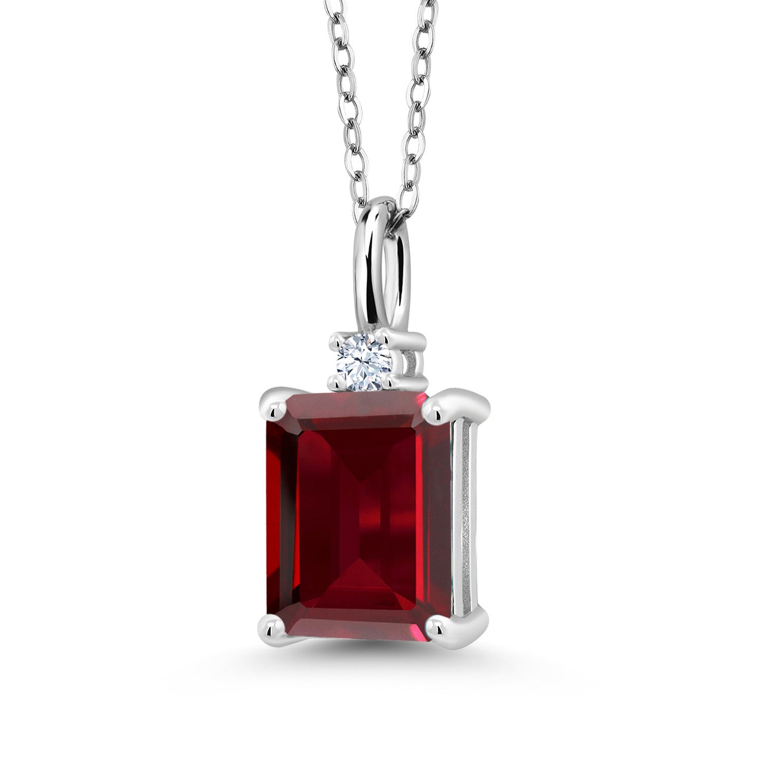 925 Sterling Silver Red Garnet and White Created Sapphire Pendant Necklace For Women | 2.65 Cttw | Gemstone January Birthstone | Emerald Cut 9X7MM | With 18 Inch Silver Chain