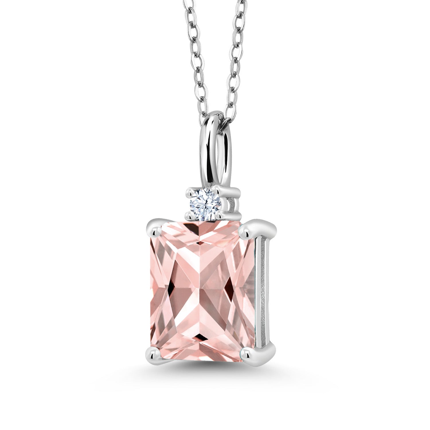 925 Sterling Silver Peach Nano Morganite Pendant Necklace For Women | 2.03 Cttw | Gemstone October Birthstone | Emerald Cut 9X7MM | With 18 Inch Silver Chain