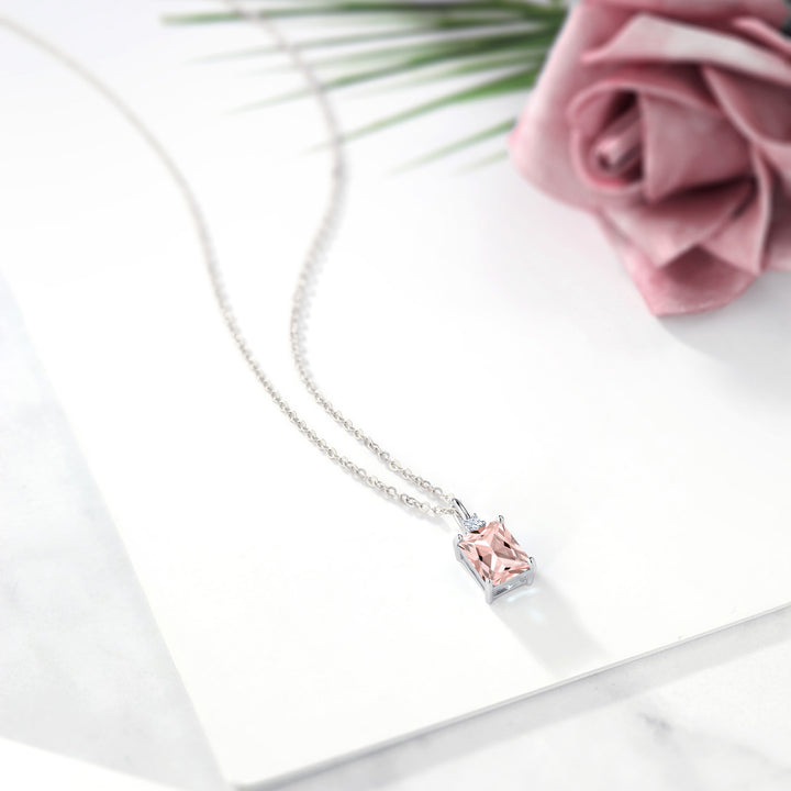 925 Sterling Silver Peach Nano Morganite Pendant Necklace For Women | 2.03 Cttw | Gemstone October Birthstone | Emerald Cut 9X7MM | With 18 Inch Silver Chain