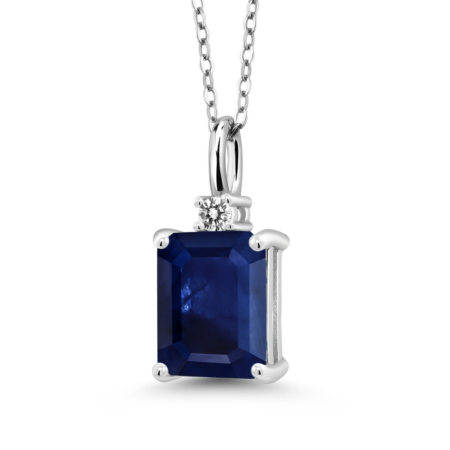 925 Sterling Silver Blue Sapphire and White Diamond Pendant Necklace For Women | 2.48 Cttw | Gemstone September Birthstone | Emerald Cut 9X7MM | With 18 Inch Silver Chain