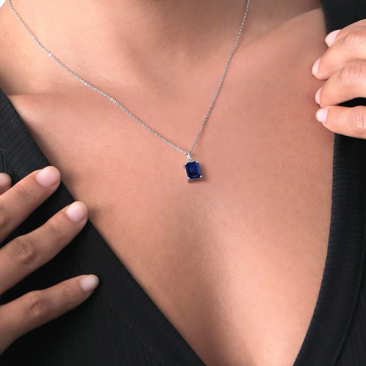 925 Sterling Silver Blue Sapphire and White Diamond Pendant Necklace For Women | 2.48 Cttw | Gemstone September Birthstone | Emerald Cut 9X7MM | With 18 Inch Silver Chain