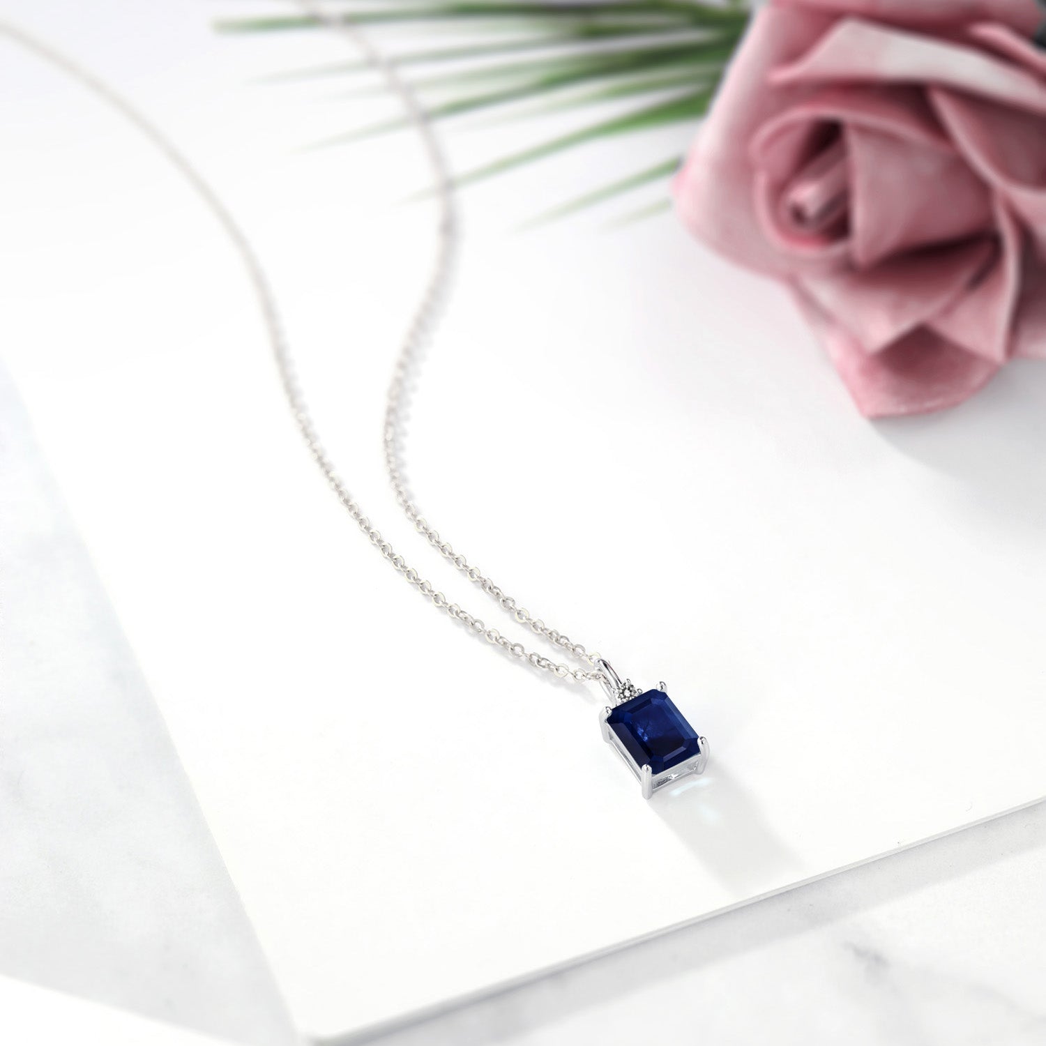 925 Sterling Silver Blue Sapphire and White Diamond Pendant Necklace For Women | 2.48 Cttw | Gemstone September Birthstone | Emerald Cut 9X7MM | With 18 Inch Silver Chain