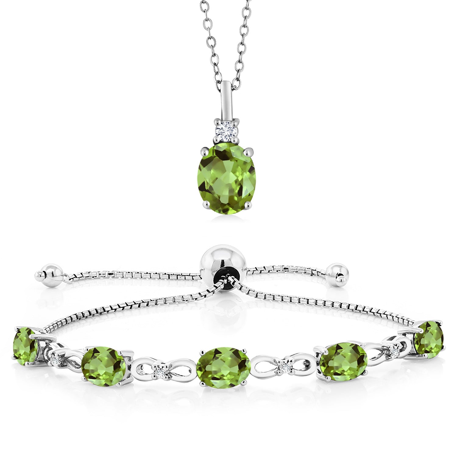 925 Sterling Silver Oval Green Peridot and White Lab Grown Diamond Pendant and Bracelet Jewelry Set For Women (6.63 Cttw, Gemstone Birthstone, with 18 Inch Silver Chain)