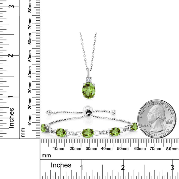 925 Sterling Silver Oval Green Peridot and White Lab Grown Diamond Pendant and Bracelet Jewelry Set For Women (6.63 Cttw, Gemstone Birthstone, with 18 Inch Silver Chain)