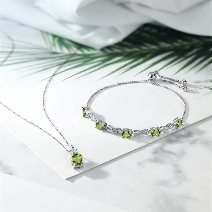 925 Sterling Silver Oval Green Peridot and White Lab Grown Diamond Pendant and Bracelet Jewelry Set For Women (6.63 Cttw, Gemstone Birthstone, with 18 Inch Silver Chain)