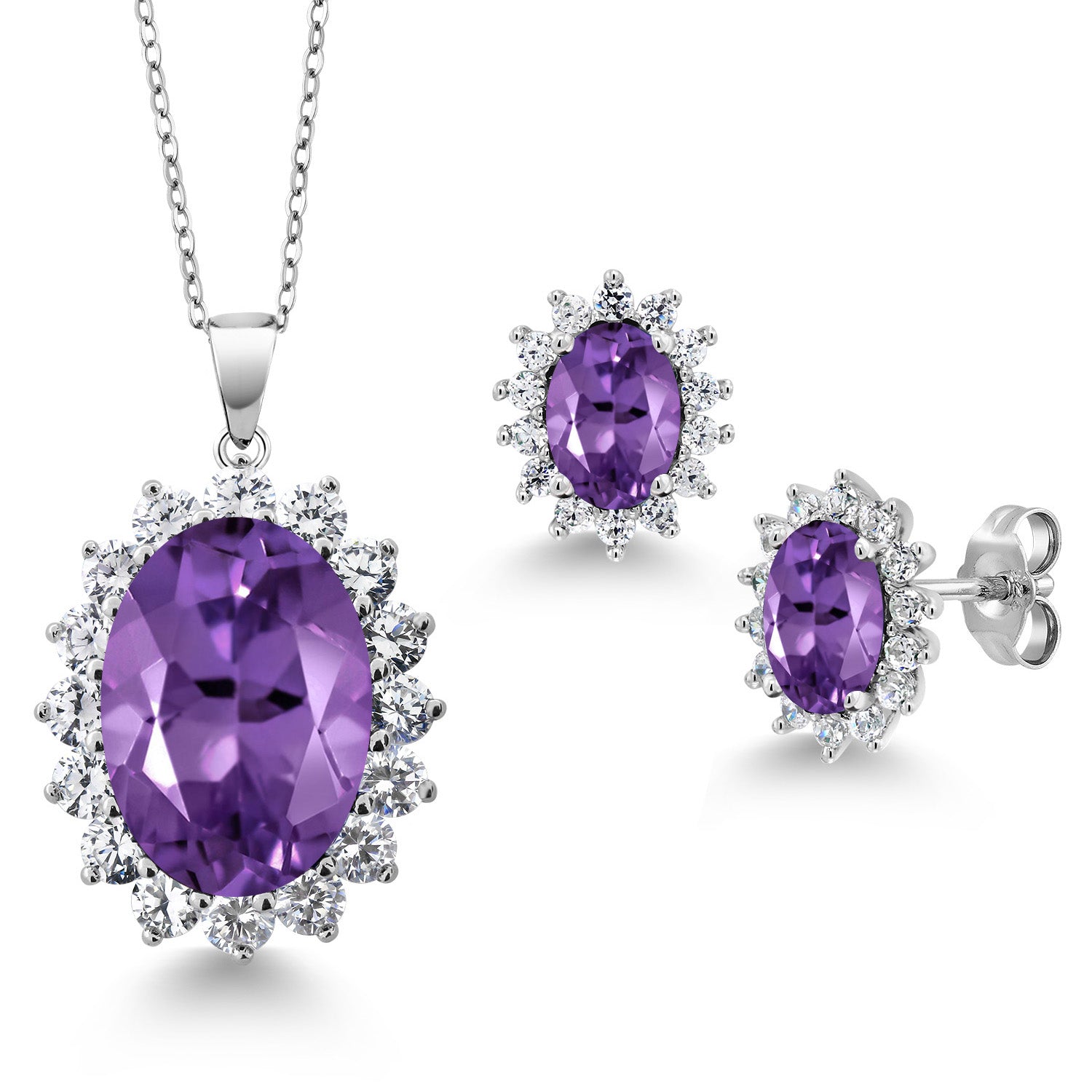 14.70 Ct Oval Purple Amethyst 925 Sterling Silver Pendant and Earrings Jewelry Set