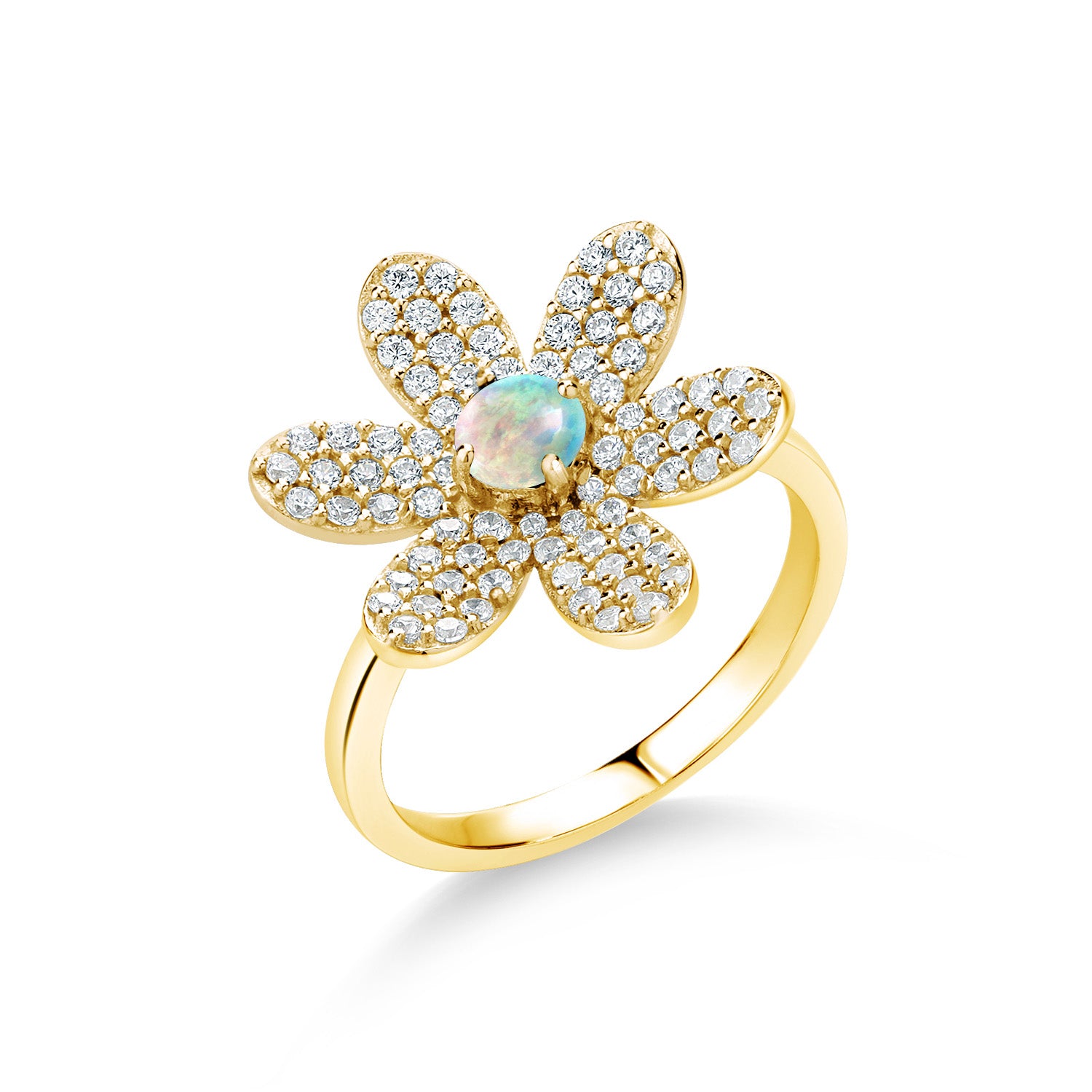 White Opal-Cabochon - October_8_Ring in 925 Yellow Gold Plated Silver