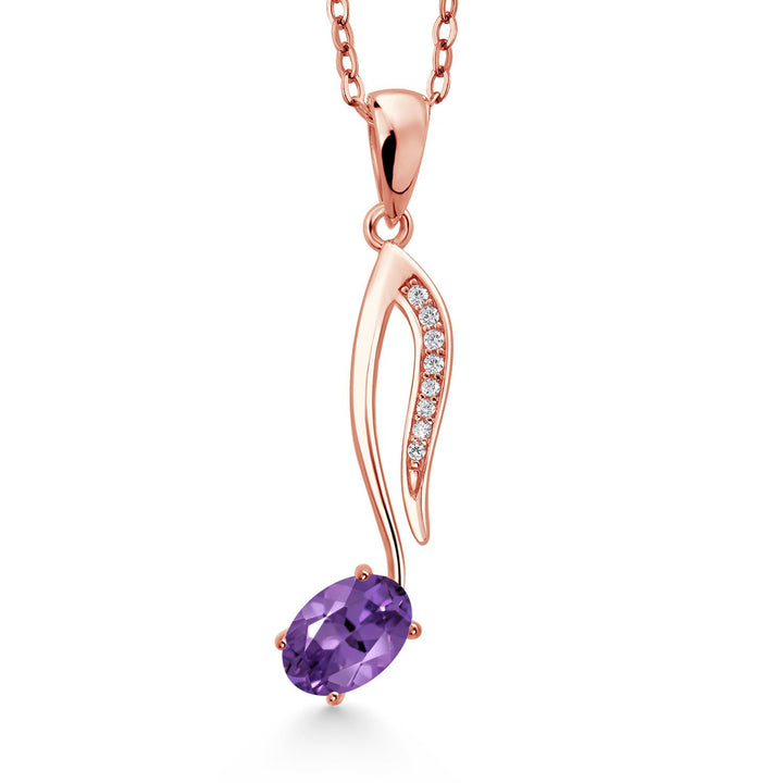 Gem Stone King 18K Rose Gold Plated Silver Music Eighth Note Pendant Necklace | 6X4MM Oval Gemstone Birthstone | With 18 Inch Chain | Designed By Keren Hanan
