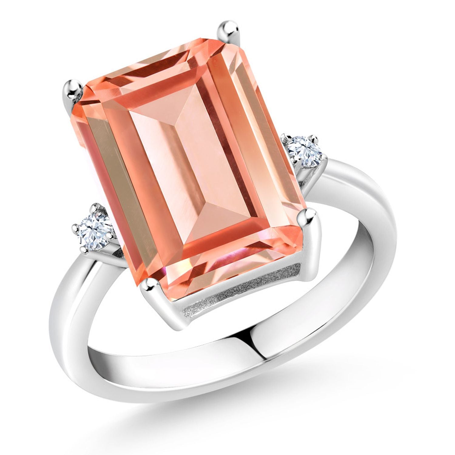 925 Sterling Silver Peach Nano Morganite and White Created Sapphire Ring For Women (6.38 Cttw, Emerald Cut 14x10MM, Gemstone October Birthstone, Available In Size 5, 6, 7, 8, 9)