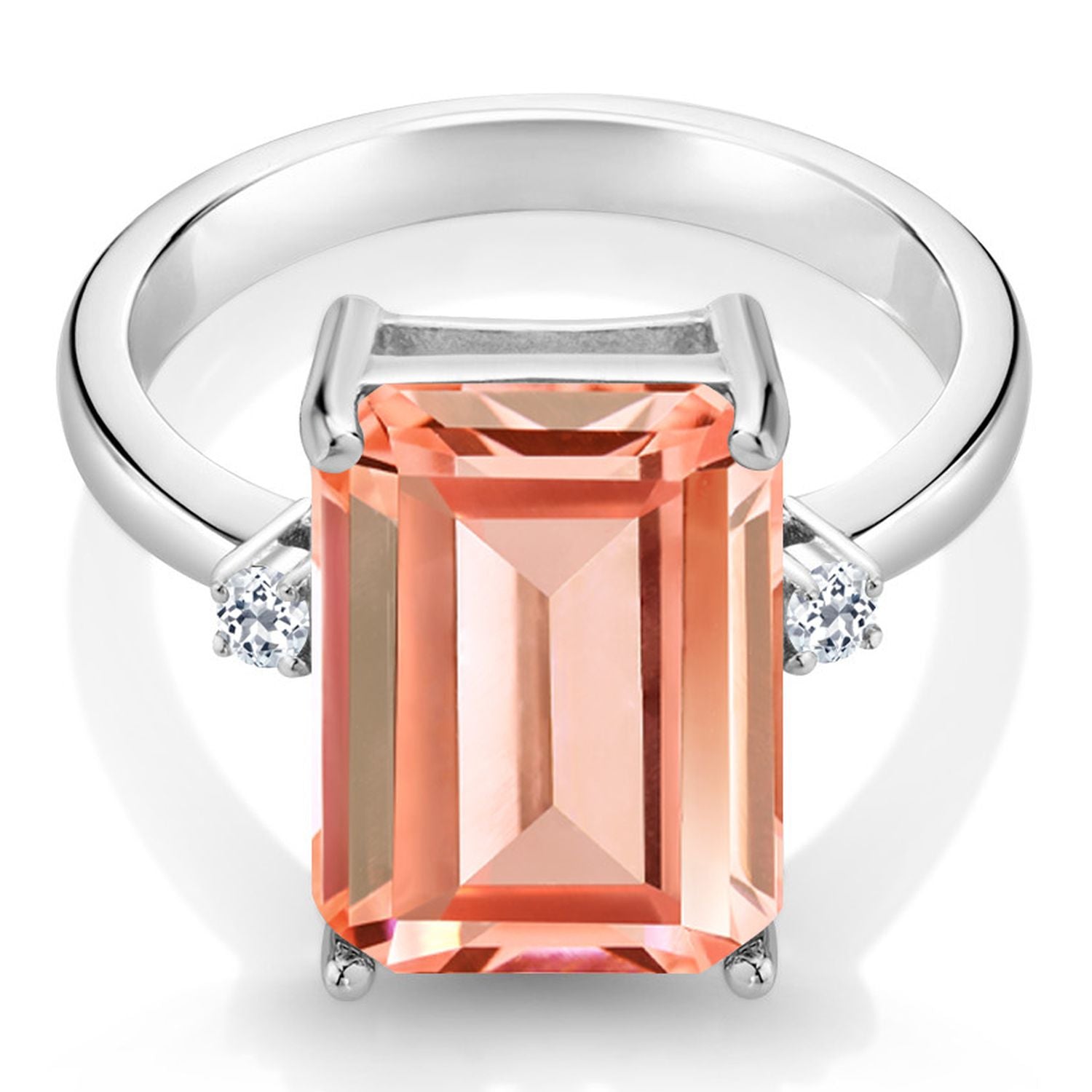 925 Sterling Silver Peach Nano Morganite and White Topaz Ring For Women (6.38 Cttw, Emerald Cut 14x10MM, Gemstone October Birthstone, Available In Size 5, 6, 7, 8, 9)