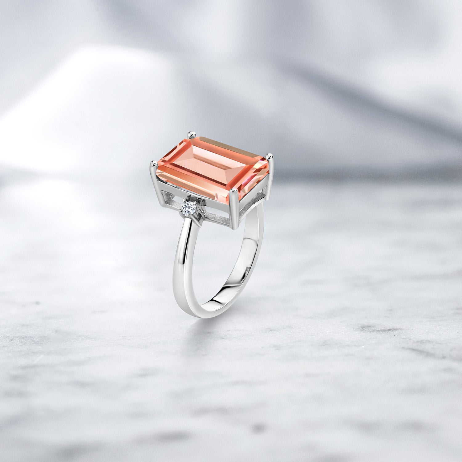 925 Sterling Silver Peach Nano Morganite and White Topaz Ring For Women (6.38 Cttw, Emerald Cut 14x10MM, Gemstone October Birthstone, Available In Size 5, 6, 7, 8, 9)