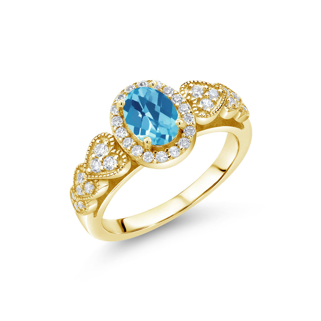 Swiss Blue Topaz-Checkerboard - November_9_Ring in 925 Yellow Gold Plated Silver