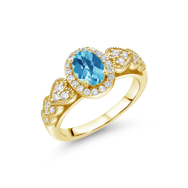 Swiss Blue Topaz-Checkerboard - November_5_Ring in 925 Yellow Gold Plated Silver