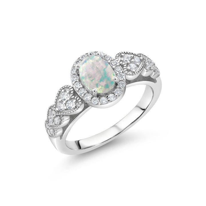 White Simulated Opal-Cabochon - October_5_Ring in 925 Sterling Silver