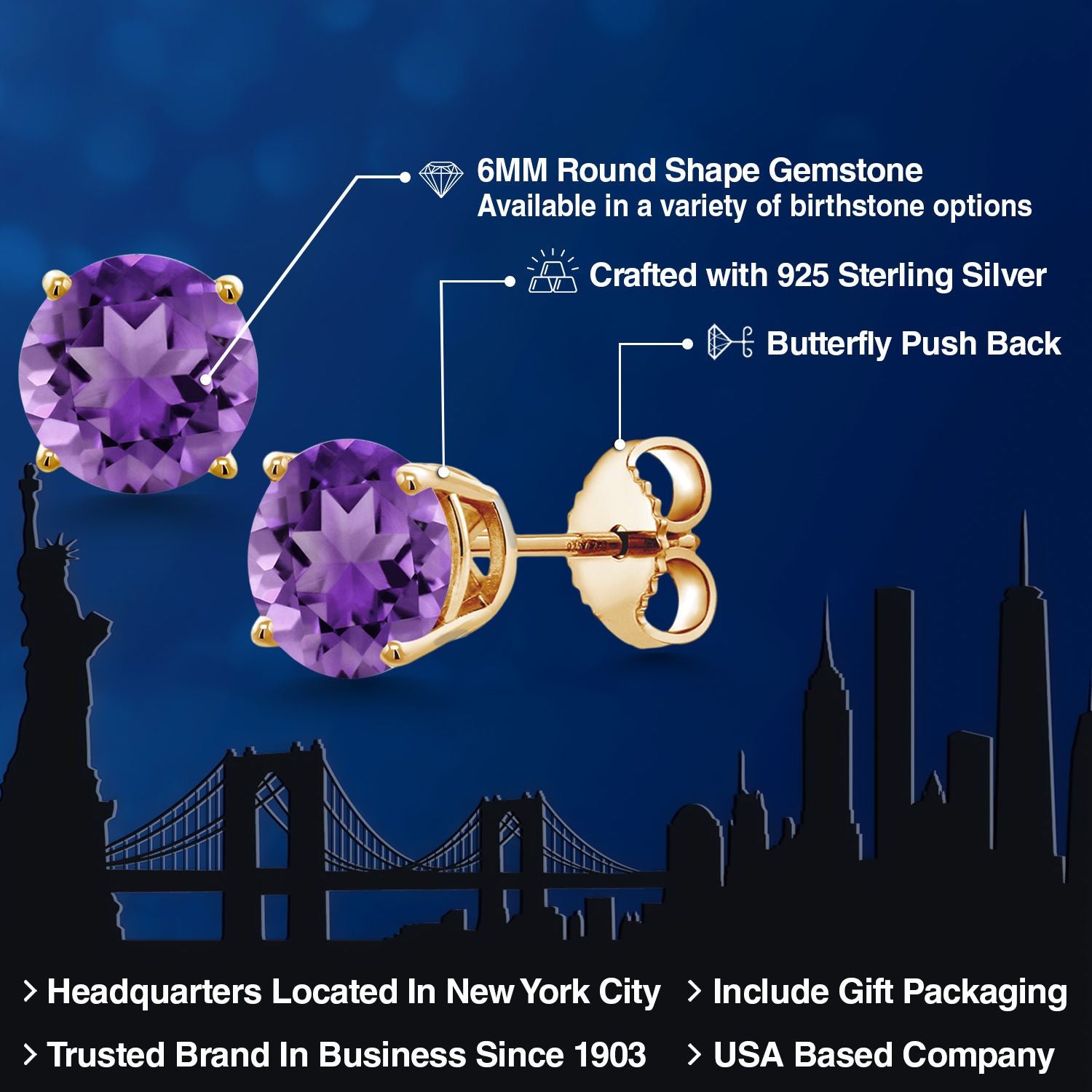 Amethyst - February_Earrings in 925 Yellow Gold Plated Silver