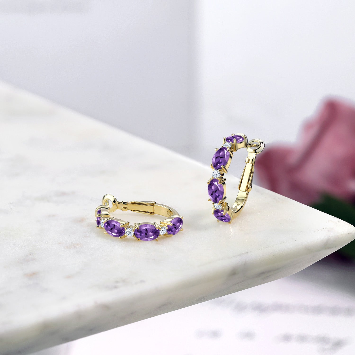 Purple and White_Earrings in 925 Yellow Gold Plated Silver