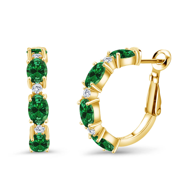 18K Yellow Gold Plated Silver Green Created Emerald and White Lab Grown Diamond Hoop Earrings For Women (3.03 Cttw, Oval 6X4MM, Round 2MM)