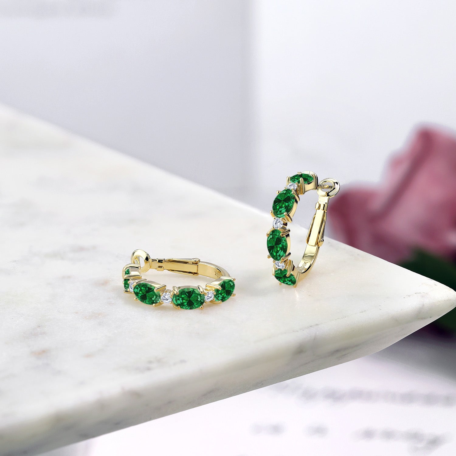 18K Yellow Gold Plated Silver Green Created Emerald and White Lab Grown Diamond Hoop Earrings For Women (3.03 Cttw, Oval 6X4MM, Round 2MM)