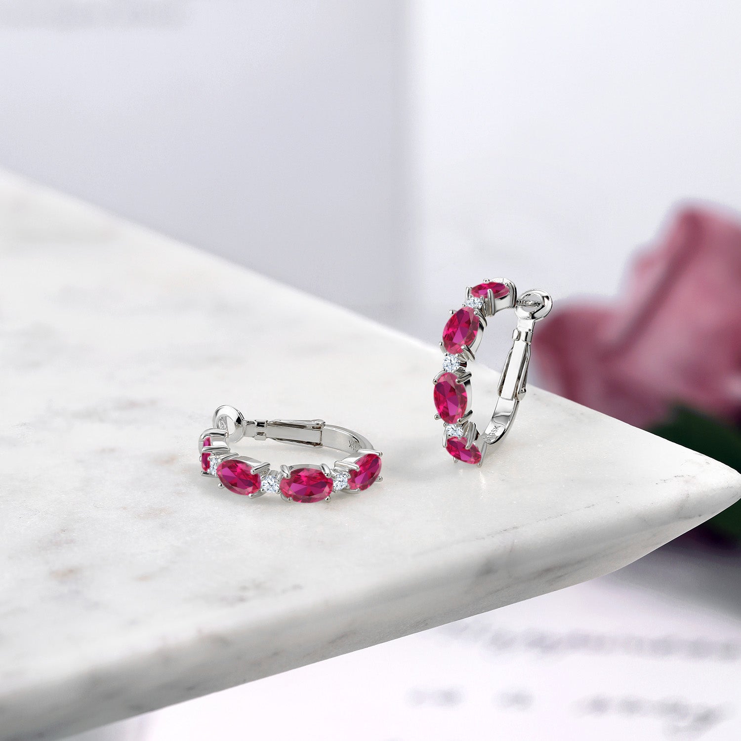 925 Sterling Silver Red Created Ruby Hoop Earrings For Women (4.18 Cttw, Oval 6X4MM)