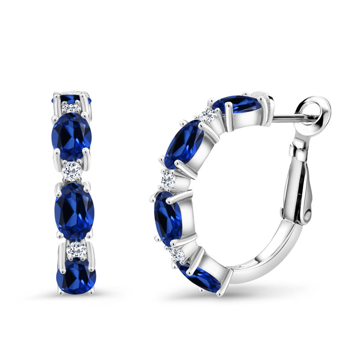 5.04 Cttw Blue Created Sapphire and White Topaz Hoop Earrings For Women In 925 Sterling Silver | Oval 6X4MM