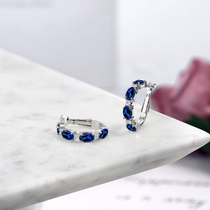 5.04 Cttw Blue Created Sapphire and White Topaz Hoop Earrings For Women In 925 Sterling Silver | Oval 6X4MM