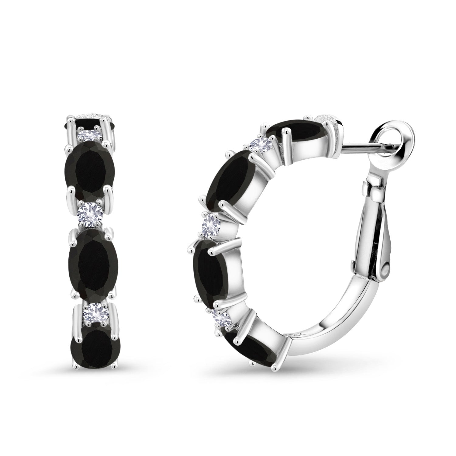 925 Sterling Silver Black Onyx and White Created Sapphire Hoop Earrings For Women (3.44 Cttw, Gemstone Birthstone, Oval 6X4MM)