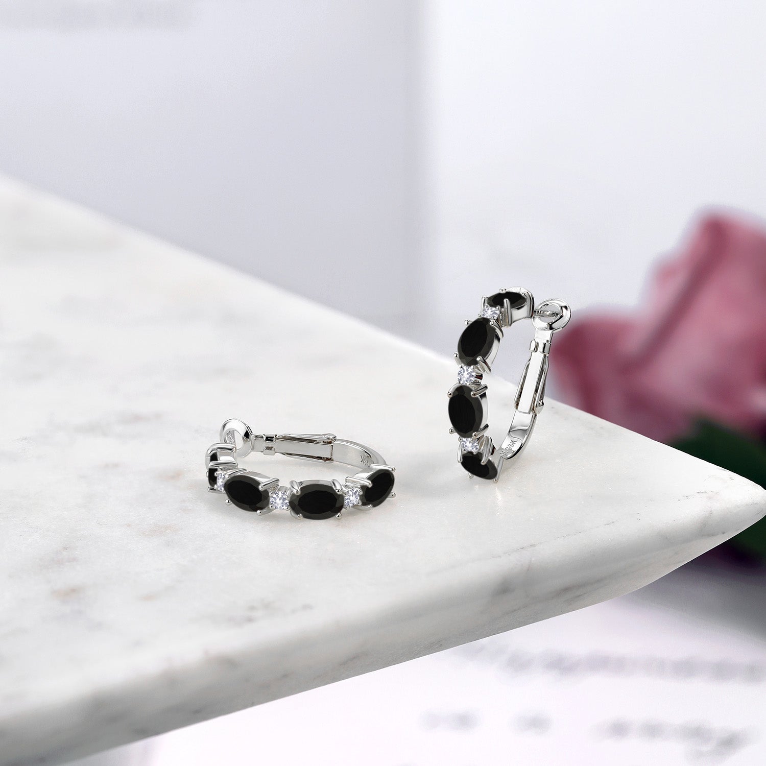 925 Sterling Silver Black Onyx and White Created Sapphire Hoop Earrings For Women (3.44 Cttw, Gemstone Birthstone, Oval 6X4MM)