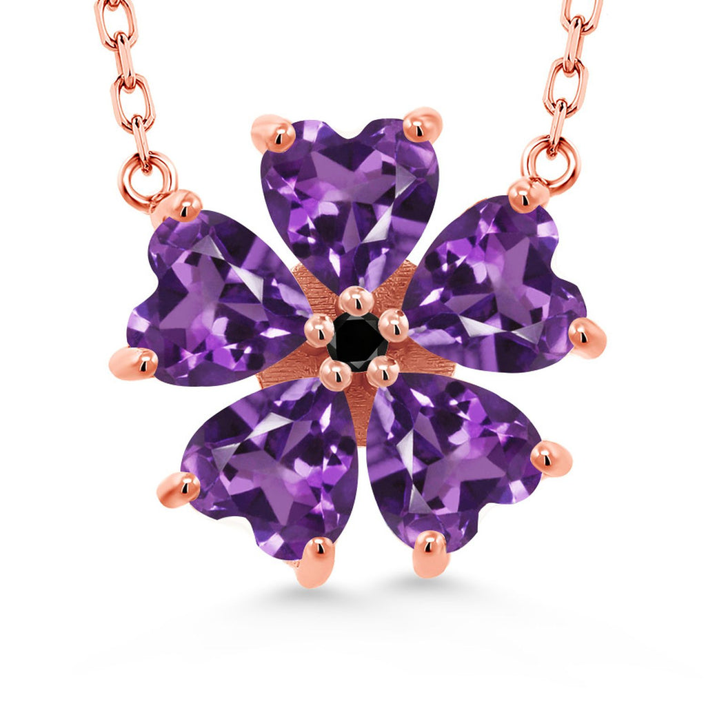 Gem Stone King 925 Sterling Silver Gemstone Birthstone and Black Diamond Flower Pendant Necklace for Women | Heart Shape 6MM Petals and Round 2MM Center | With 18 Inch Chain | Fine Jewelry for Her Mom Wife