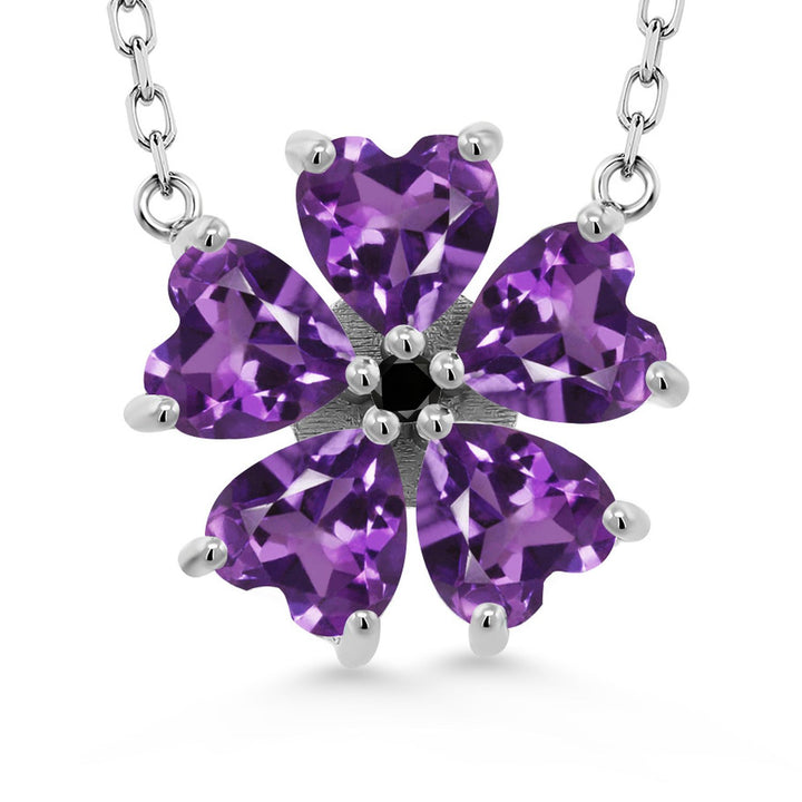 Gem Stone King 925 Sterling Silver Gemstone Birthstone and Black Diamond Flower Pendant Necklace for Women | Heart Shape 6MM Petals and Round 2MM Center | With 18 Inch Chain | Fine Jewelry for Her Mom Wife