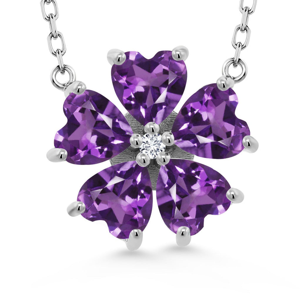 Gem Stone King Gemstone Birthstone and Lab Grown Diamond Flower Pendant Necklace for Women | 925 Sterling Silver | Heart Shape 6MM Petals and Round 2MM Center | With 18 Inch Chain | Fine Jewelry for Her Mom Wife