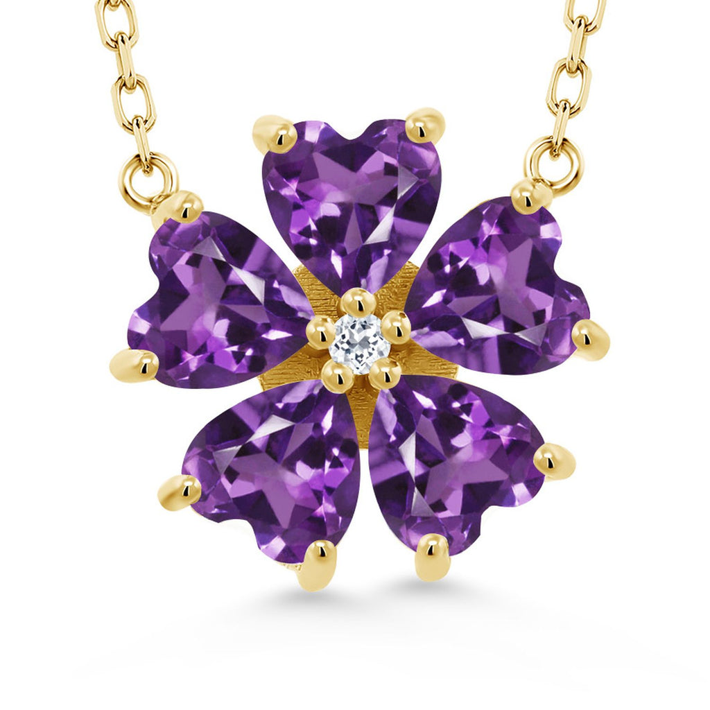 Gemstone Birthstone and White Topaz Flower Pendant Necklace for Women | 925 Sterling Silver | Heart Shape 6MM Petals and Round 2MM Center | With 18 Inch Chain | Fine Jewelry for Her Mom Wife