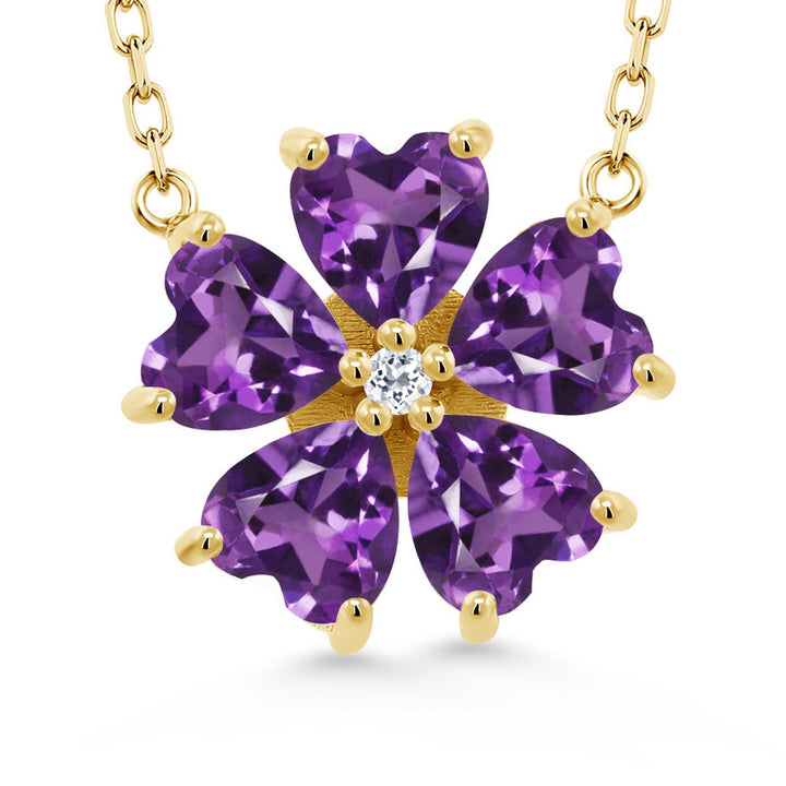 Gemstone Birthstone and White Topaz Flower Pendant Necklace for Women | 925 Sterling Silver | Heart Shape 6MM Petals and Round 2MM Center | With 18 Inch Chain | Fine Jewelry for Her Mom Wife